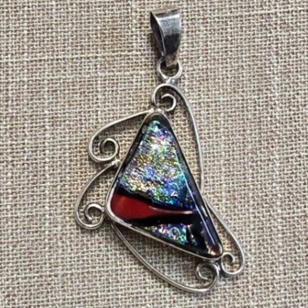 Vintage 925 Sterling Silver Dichroic Glass Triangle Pendant Colorful Jewelry